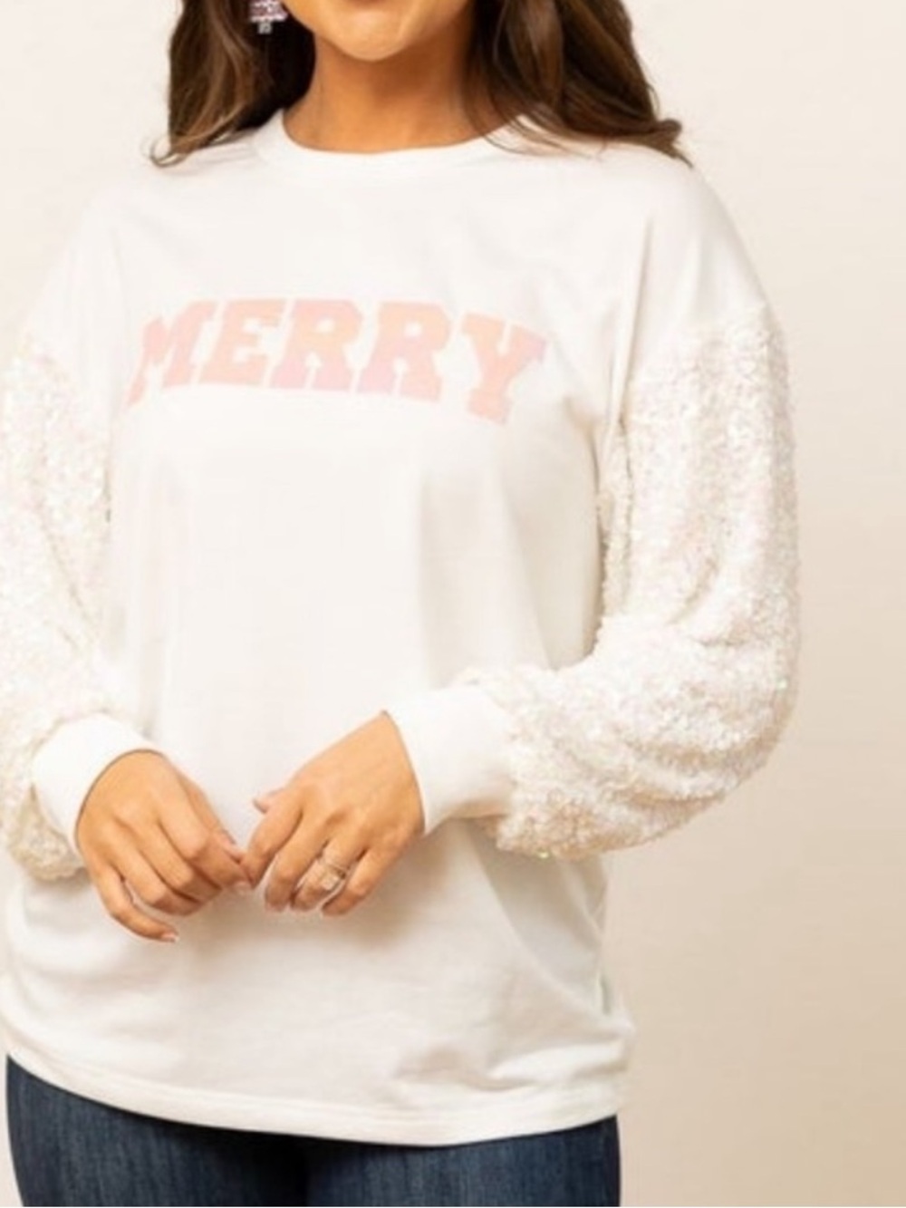 Southern Grace White Crewneck Sweater with Pink 'MERRY' Chest